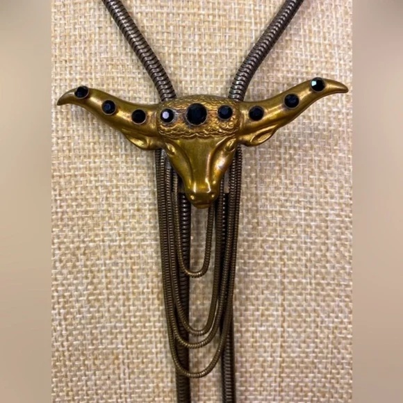 Vintage Jewelry - VINTAGE Bronze Bolo Tie with Longhorn Bull Signed with Patent